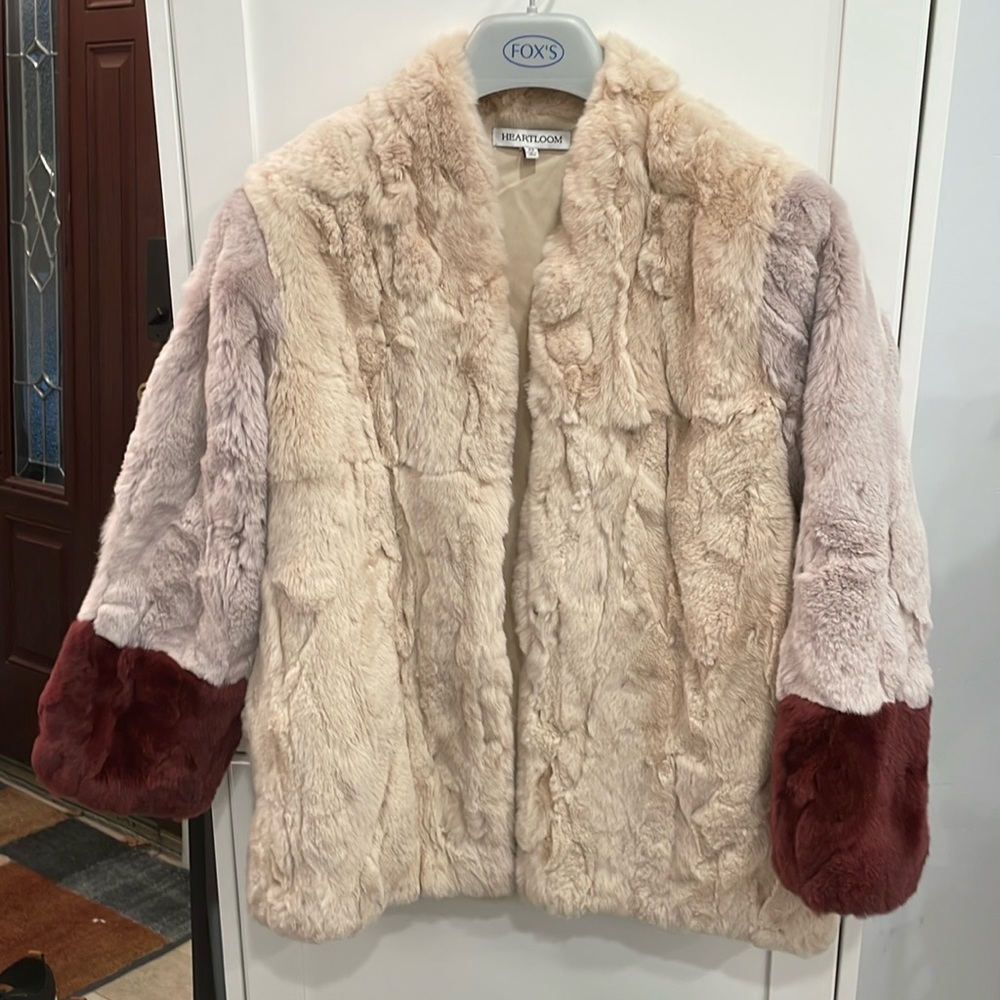 Beige lilac and burgundy rabbit fur short coat